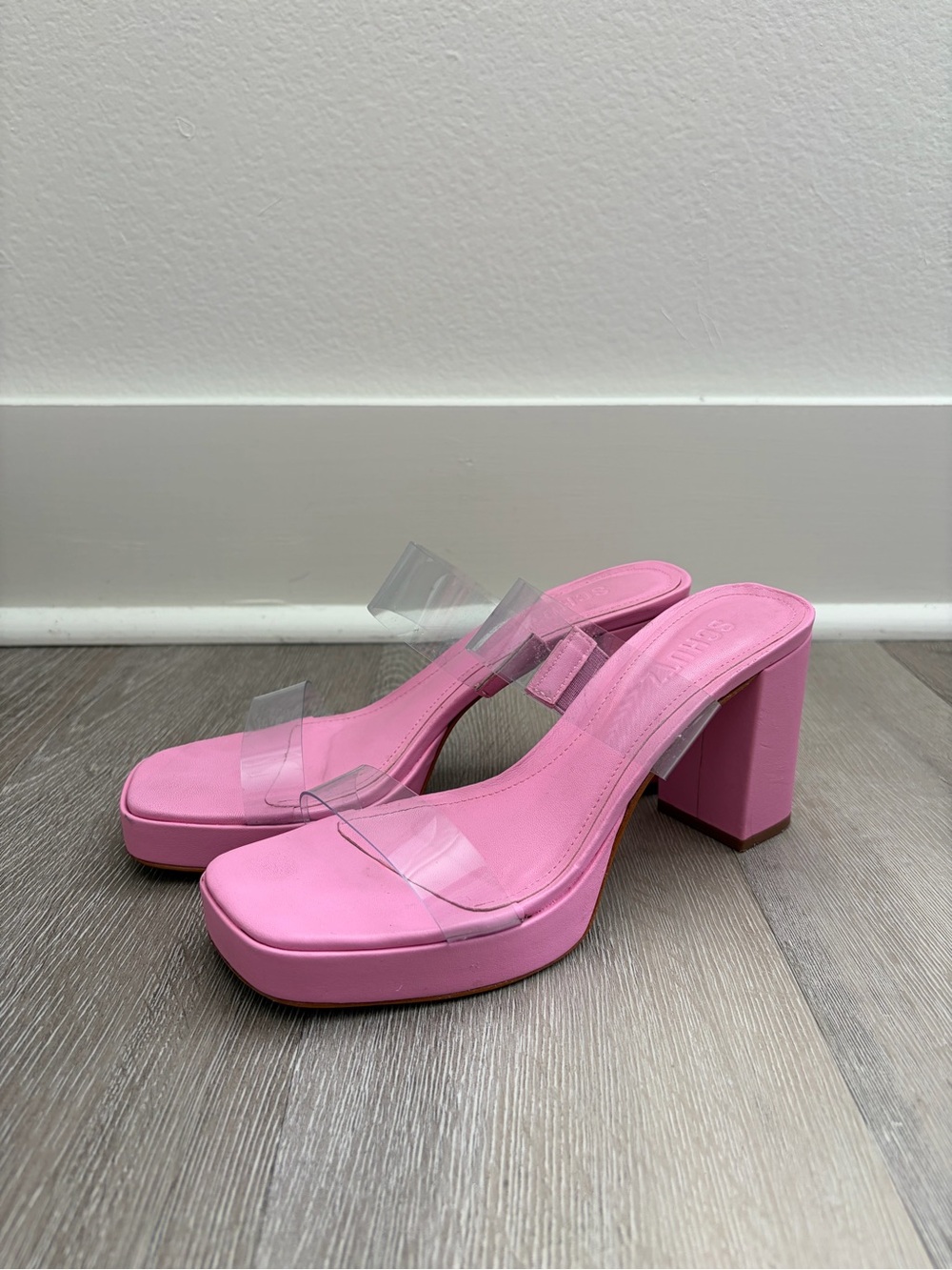 SCHUTZ Pink Platform Block Heel Slide Sandals with Clear Straps